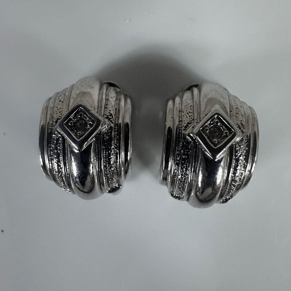 Christian Dior Vintage Silver Tone Rhinestone Clip On Earrings 1/2”